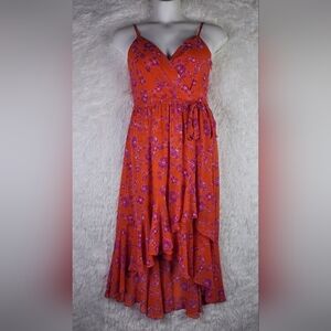 Eliza J Med Orange Floral High Low Midi. Strappy Sleeve Dress Smocked Tie Flowy